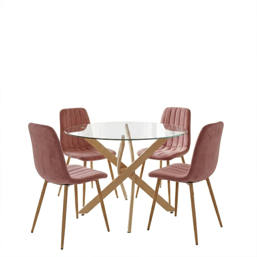Set ngrënieje me karrige Noor Dusty Rose dhe tavolinë xhami Antoro D100x75cm Set me 5 copë