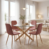 Set ngrënieje me karrige Noor Dusty Rose dhe tavolinë xhami Antoro D100x75cm Set me 5 copë