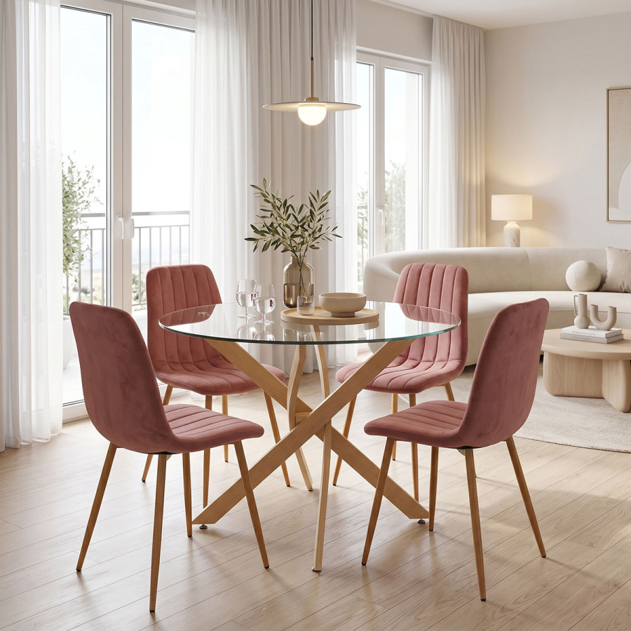 Set ngrënieje me karrige Noor Dusty Rose dhe tavolinë xhami Antoro D100x75cm Set me 5 copë