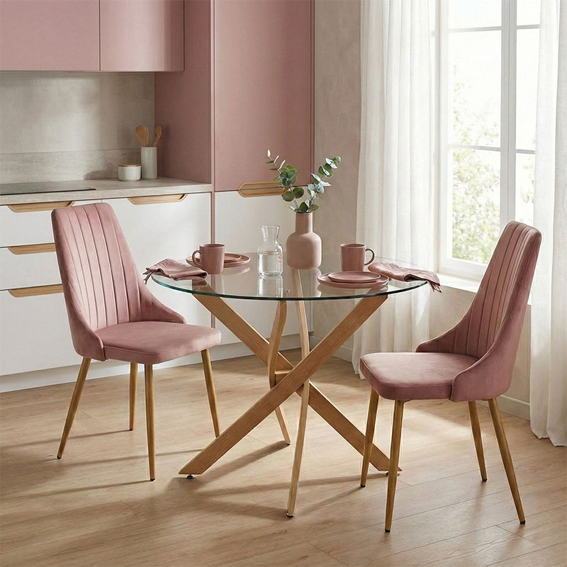 Set ngrënieje me karrige Azori Dusty Rose dhe tavolinë xhami Antoro D80x75cm Set me 3 copë