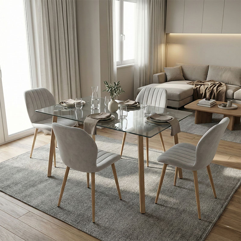Dhomë ngrënie me karrige Jelour gri dhe tavolinë xhami Titta 120x70x75cm Set prej 5 copësh