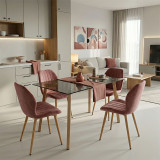 Dhomë ngrënieje me karrige Jelour Dusty Rose dhe tavolinë xhami Titta 120x70x75cm Set me 5 copë