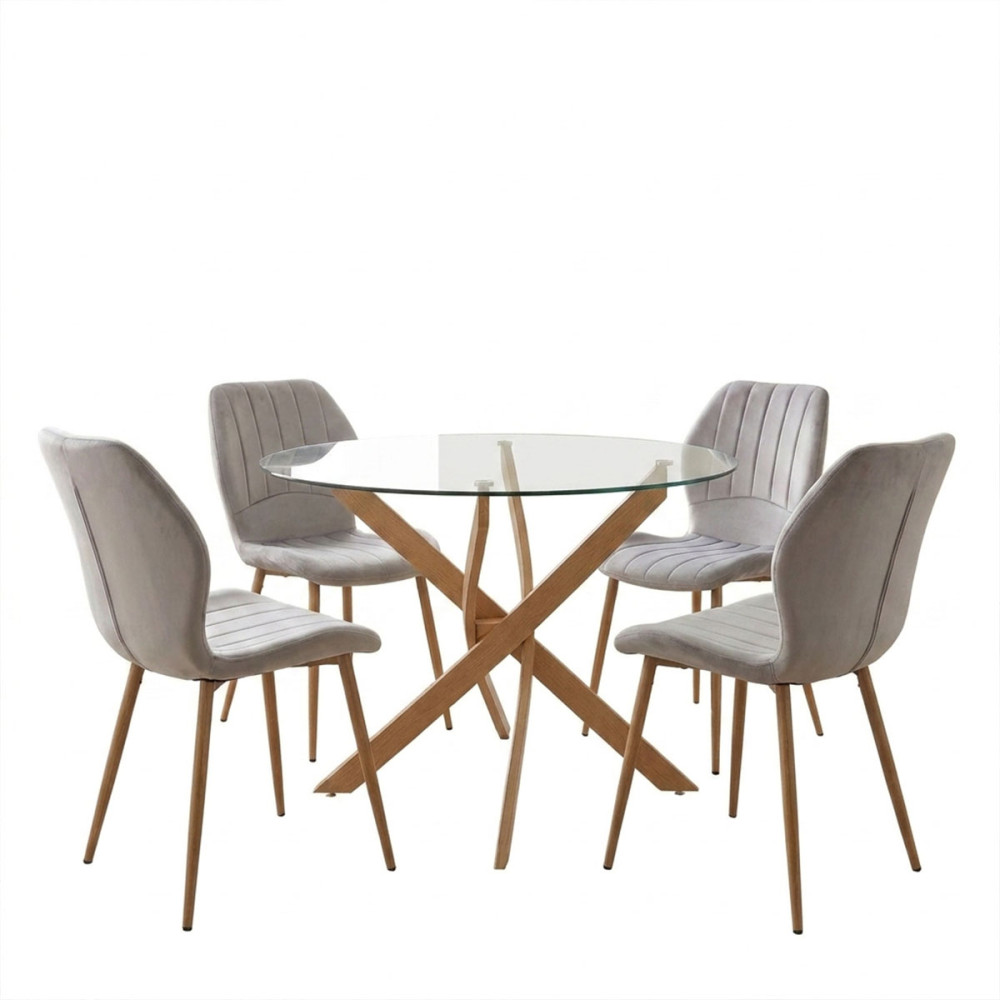 Dhomë ngrënieje me karrige Jelour gri dhe tavolinë xhami Antoro D100x75, set 5 copë