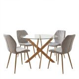 Dhomë ngrënieje me karrige Jelour gri dhe tavolinë xhami Antoro D100x75, set 5 copë