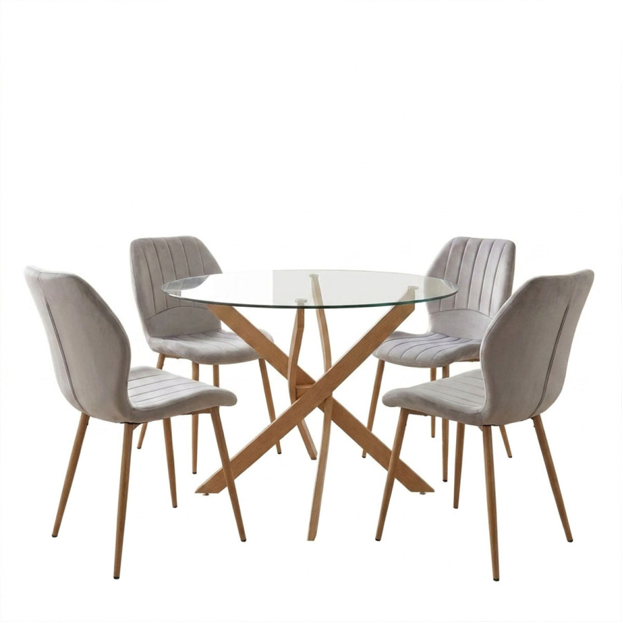 Dhomë ngrënieje me karrige Jelour gri dhe tavolinë xhami Antoro D100x75, set 5 copë