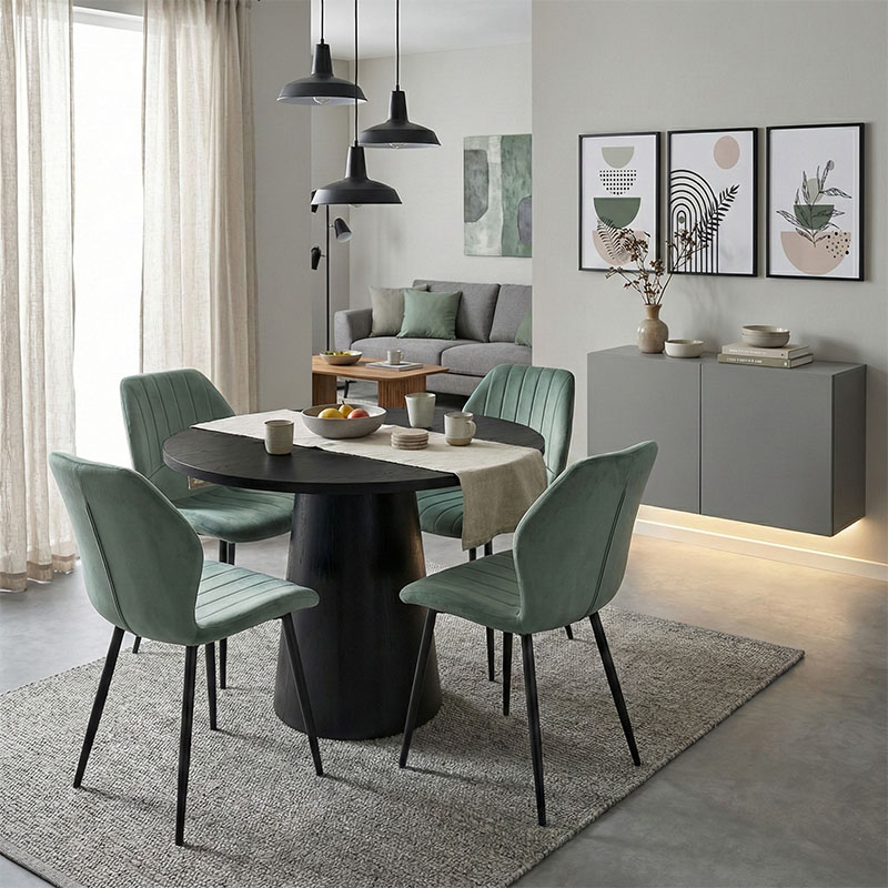 Dhomë ngrënie me karrige Jelour Pistachio dhe tavolinë Donda të zezë Φ100x76 Set prej 5 copësh
