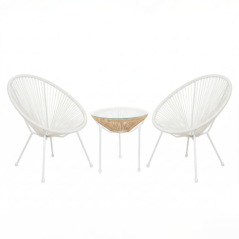 Set karrigeje salloni Acapulco pakoworld Outdoor 3 copë kornizë metalike e bardhë me rregjistër PE në ngjyrë natyrale D50x52 cm
