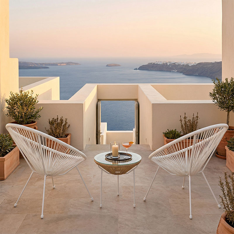 Set karrigeje salloni Acapulco pakoworld Outdoor 3 copë kornizë metalike e bardhë me rregjistër PE në ngjyrë natyrale D50x52 cm