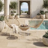 Set karrigeje salloni Acapulco pakoworld Outdoor 3 copë kornizë metalike e bardhë me rregjistër PE në ngjyrë natyrale D50x52 cm