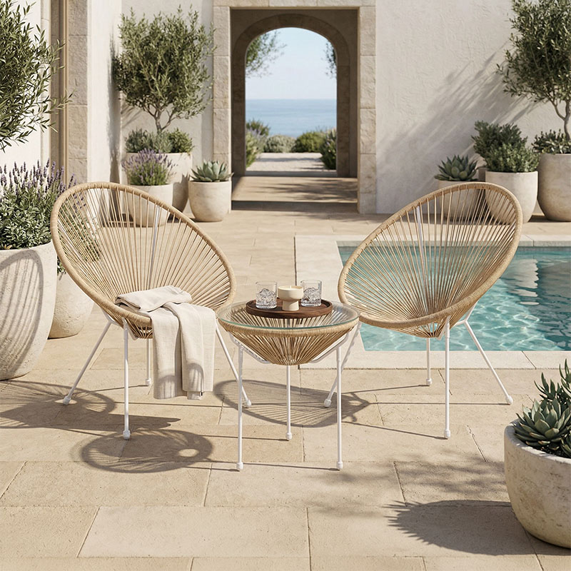 Set karrigeje salloni Acapulco pakoworld Outdoor 3 copë kornizë metalike e bardhë me rregjistër PE në ngjyrë natyrale D50x52 cm