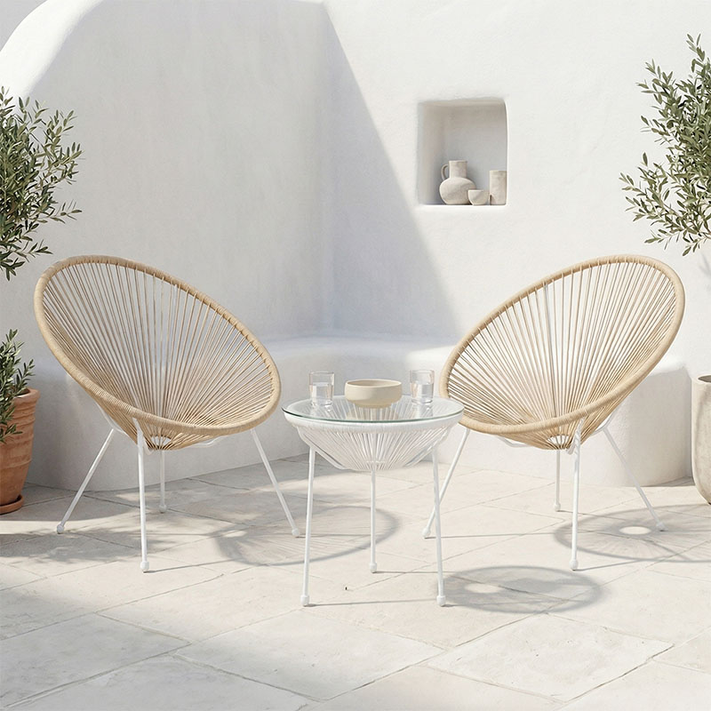 Set karrigeje salloni Acapulco pakoworld Outdoor 3 copë kornizë metalike e bardhë me rregjistër PE në ngjyrë natyrale D50x52 cm