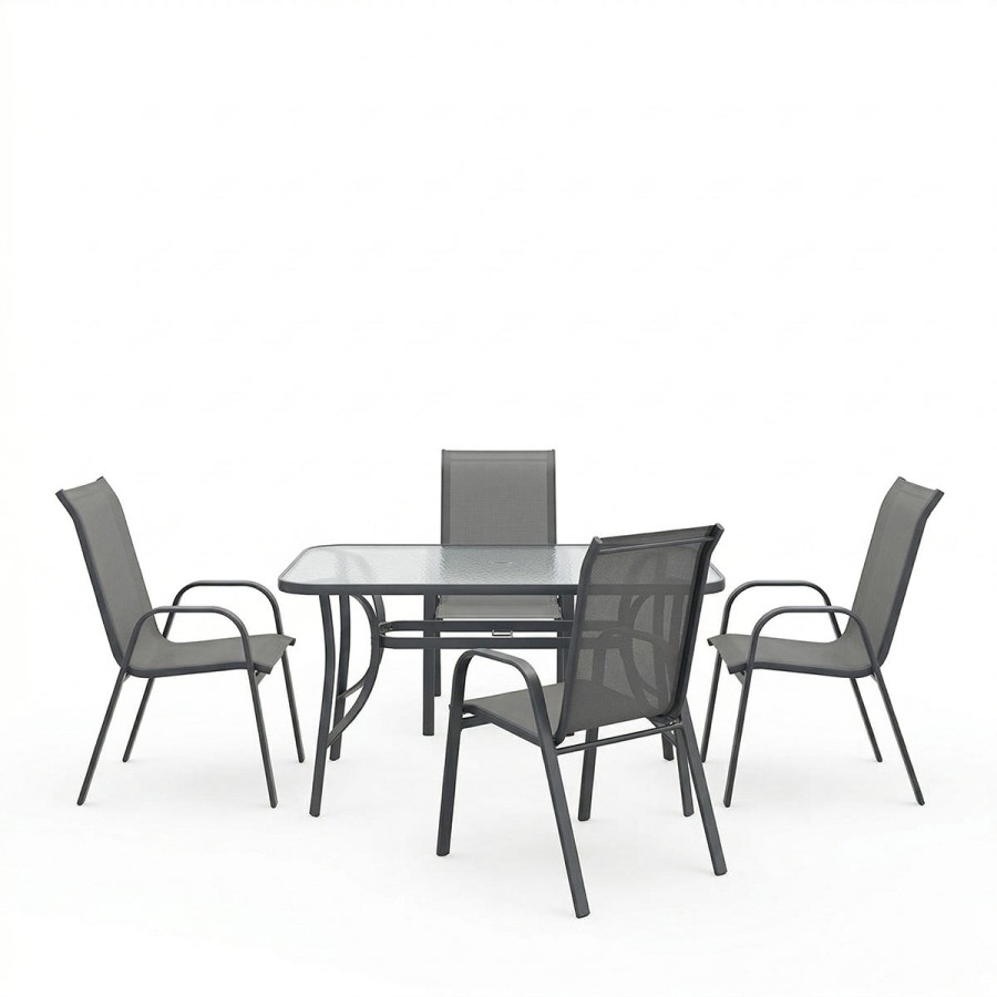 Set tavoline ngrënieje Ensure Calan pakoworld me 5 pjesë metal antracit me xham 120x70x70cm