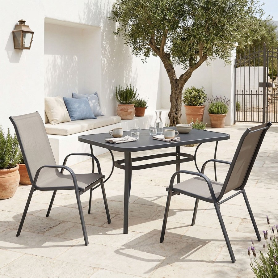 Set tavoline ngrënieje Ensure Calan pakoworld me 3 pjesë metal antracit me xham 120x70x70cm