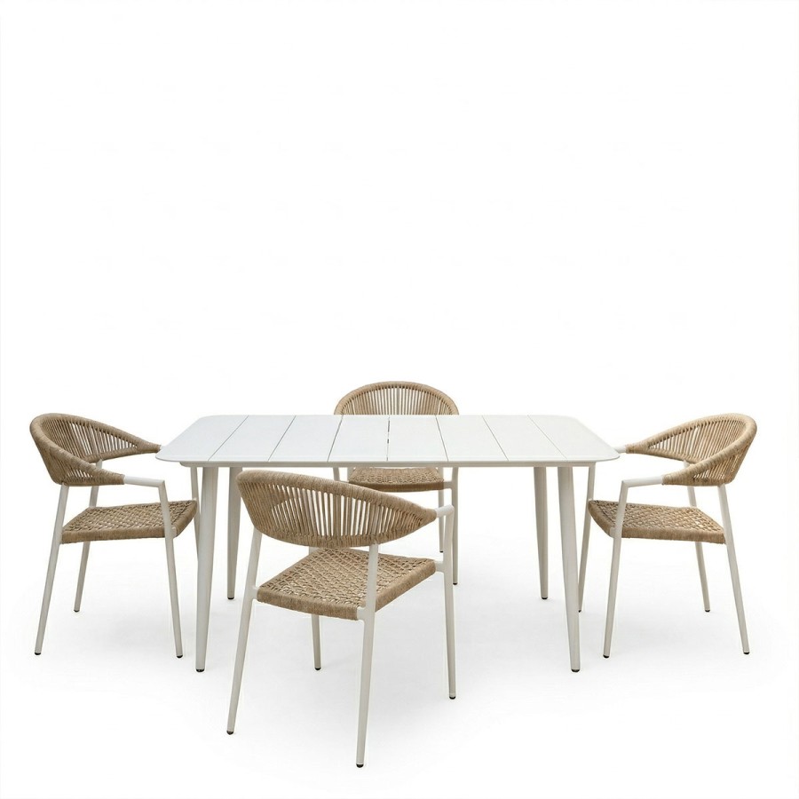Set ngrënie Ammos Vista pakoworld set prej 5 copësh kornizë alumini e bardhë me litar PE në nuancë natyrale 150x80x72cm