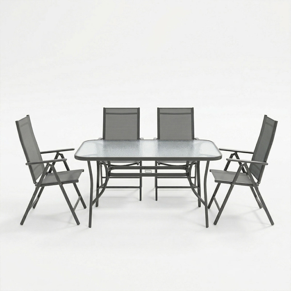 Tavolinë ngrënieje Ensure Candor pakoworld set prej 5 copësh metal antraciti me xham 120x70x70cm