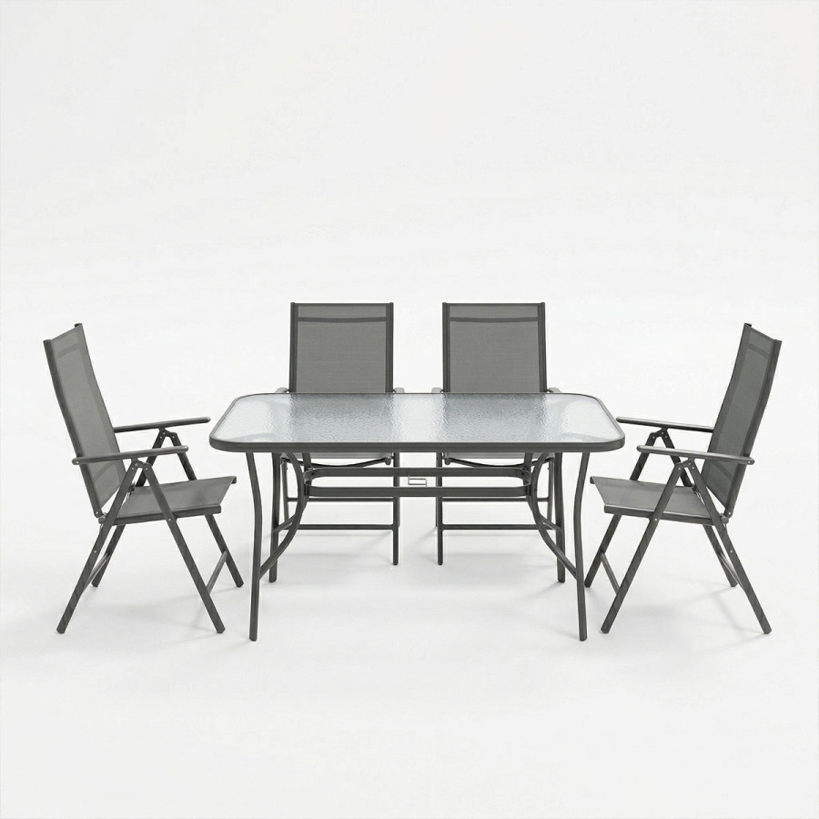 Tavolinë ngrënieje Ensure Candor pakoworld set prej 5 copësh metal antraciti me xham 120x70x70cm