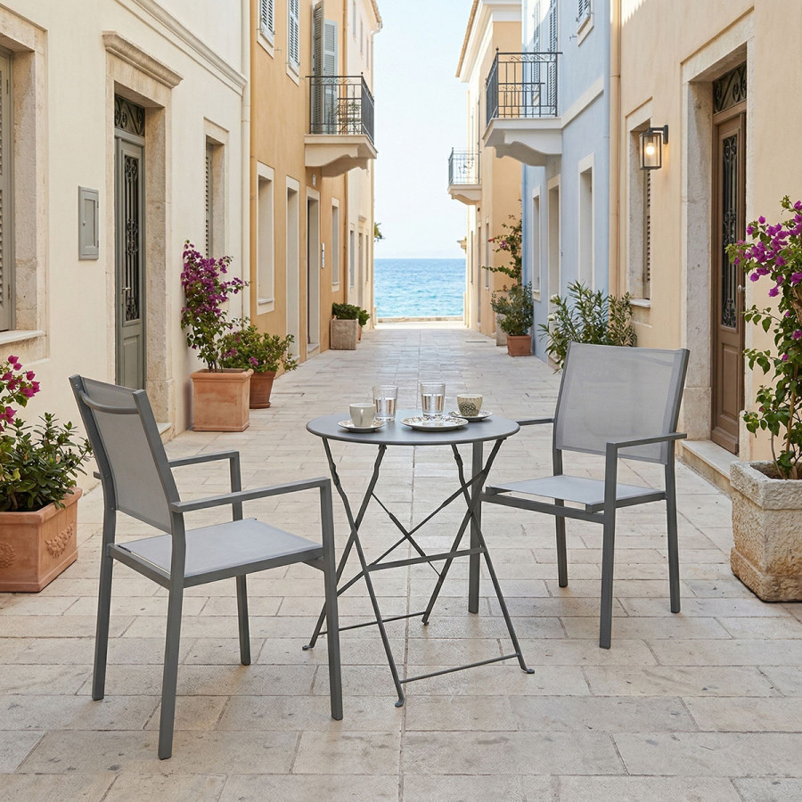 Set ngrënieje Bistro Confidence pakoworld me 3 copë, kornizë metalike antracit me tekstil gri D60×71 cm