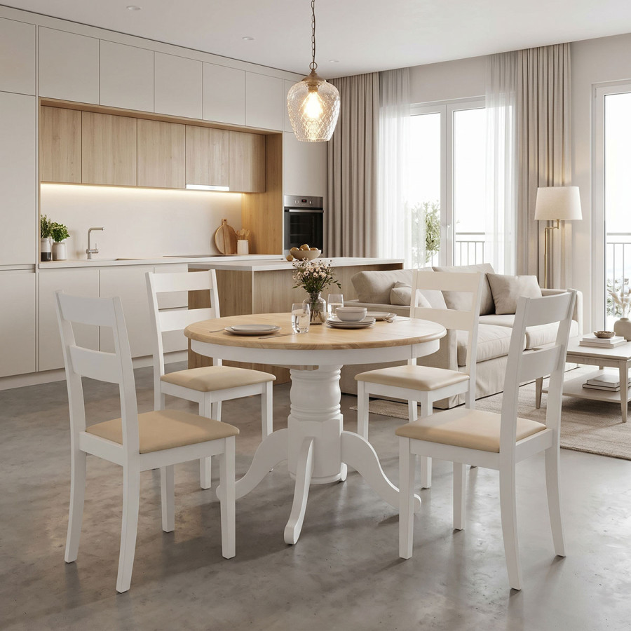 Set ngrënieje Dallan Lars pakoworld 5 copë dru gome e bardhë Φ100(+38)x100x75cm