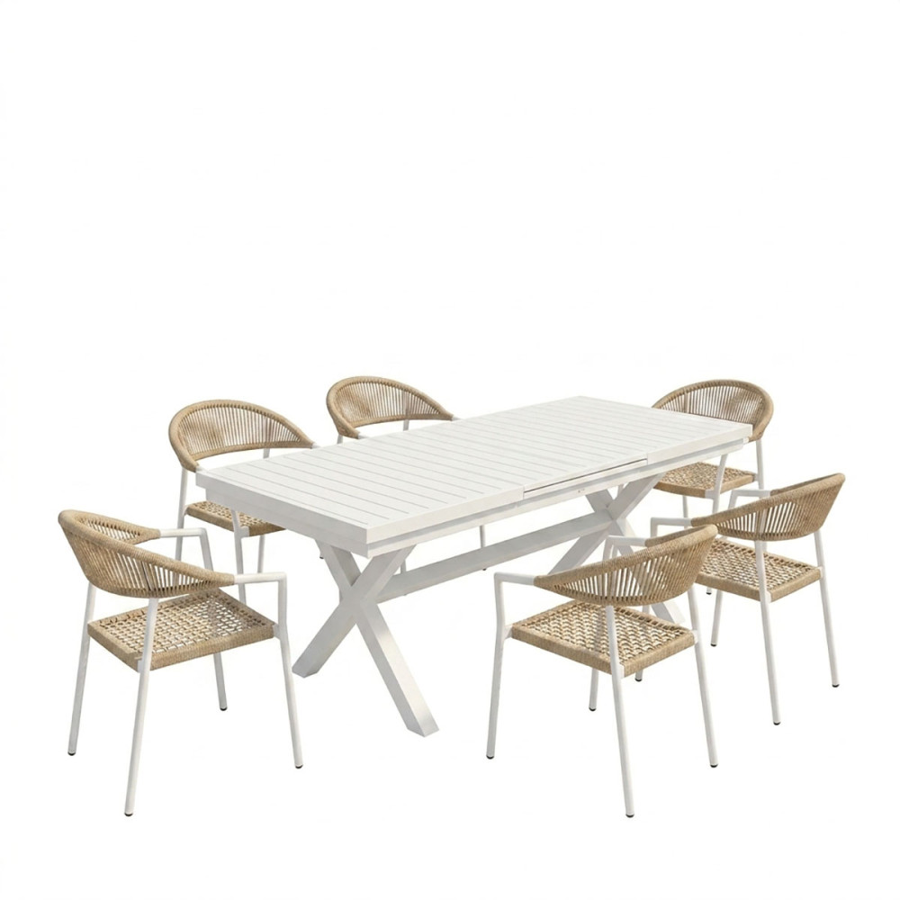 Set ngrënie Dagyn Ammos pakoworld set 7 copë alumin i bardhë me litar PE në nuancë natyrale 180-240x90x76cm