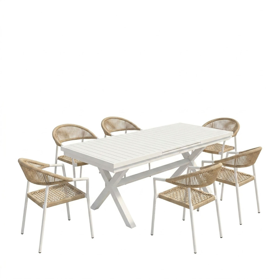 Set ngrënie Dagyn Ammos pakoworld set 7 copë alumin i bardhë me litar PE në nuancë natyrale 180-240x90x76cm