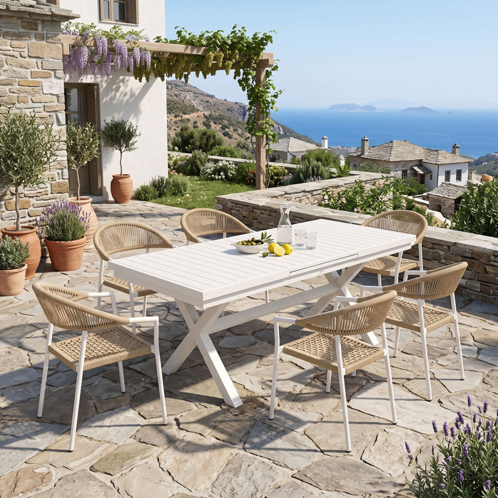 Set ngrënie Dagyn Ammos pakoworld set 7 copë alumin i bardhë me litar PE në nuancë natyrale 180-240x90x76cm