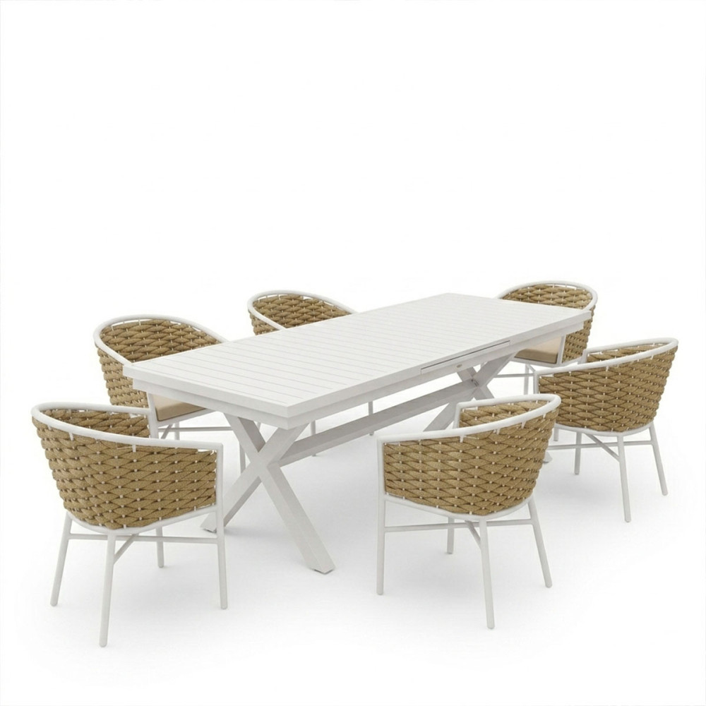 Set ngrënie Dagyn Noevo pakoworld set 7 copë alumin i bardhë me litar PE në nuancë natyrale 180-240x90x76cm