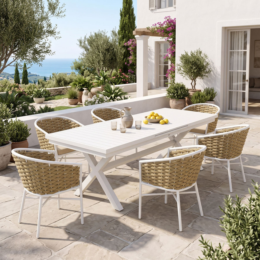 Set ngrënie Dagyn Noevo pakoworld set 7 copë alumin i bardhë me litar PE në nuancë natyrale 180-240x90x76cm