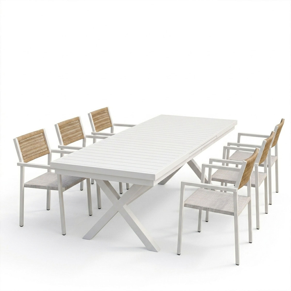Set ngrënieje Dagyn Savor pakoworld set 7 copë alumin i bardhë me tekstil PE rattan në nuancë natyrale 180-240x90x76cm