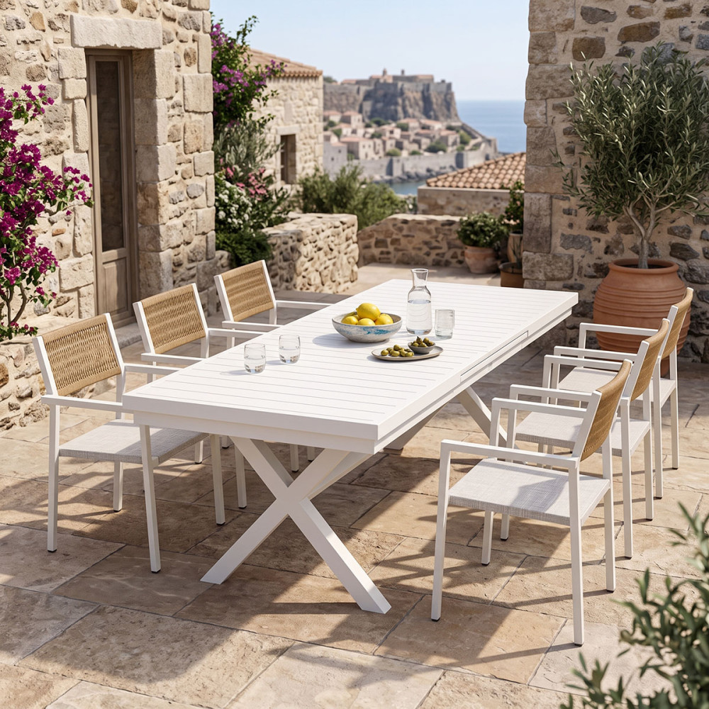 Set ngrënieje Dagyn Savor pakoworld set 7 copë alumin i bardhë me tekstil PE rattan në nuancë natyrale 180-240x90x76cm