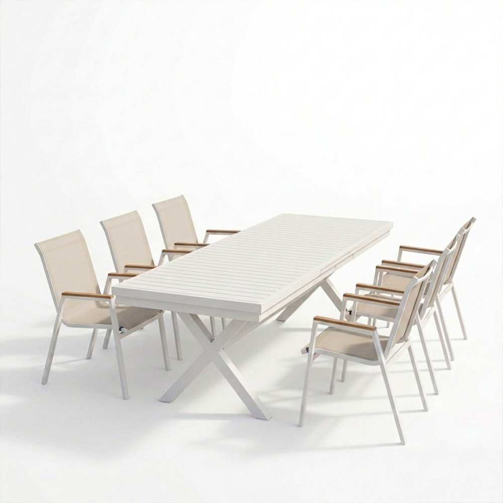 Set ngrënieje Dagyn Azelie pakoworld set 7 copë alumin i bardhë me tekstil bej 180-240x90x76cm