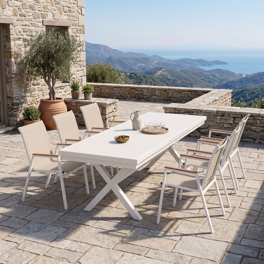 Set ngrënieje Dagyn Azelie pakoworld set 7 copë alumin i bardhë me tekstil bej 180-240x90x76cm