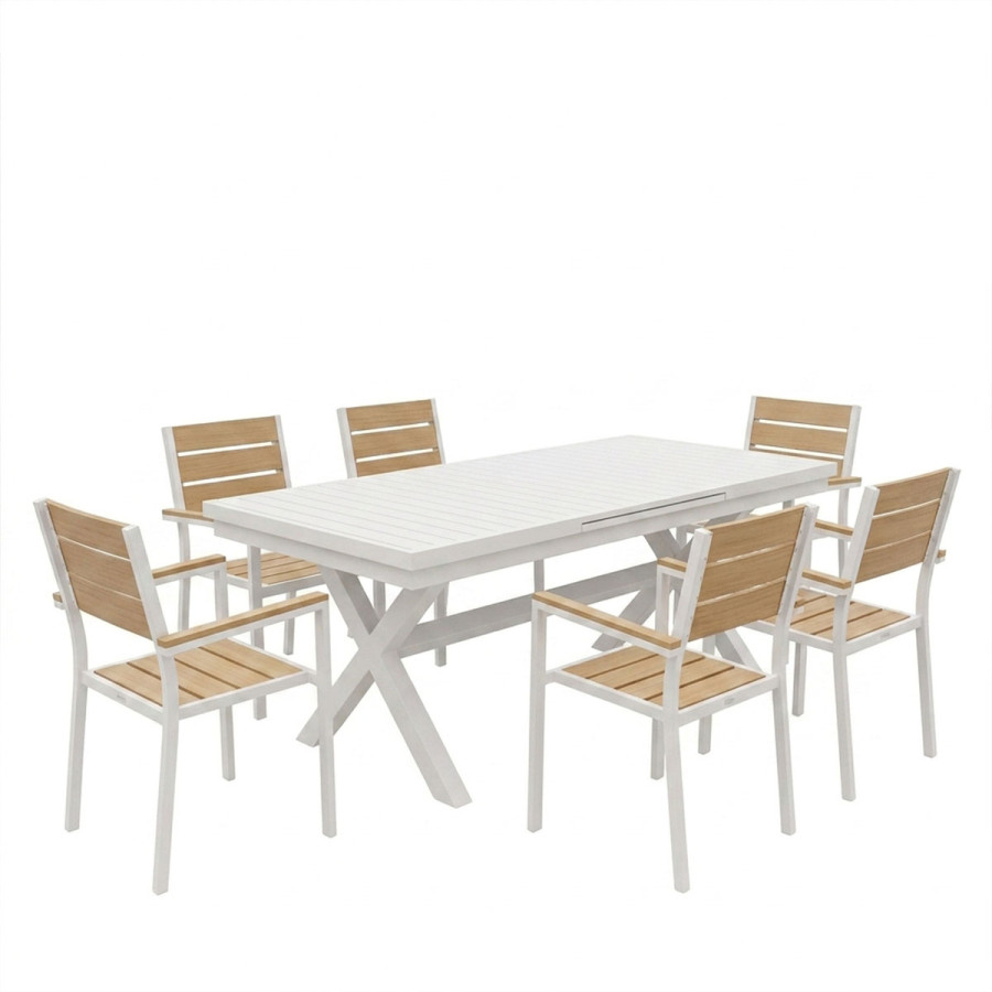 Set ngrënieje Dagyn Breze pakoworld set 7 copë alumin i bardhë me nuancë natyrale 180-240x90x76cm