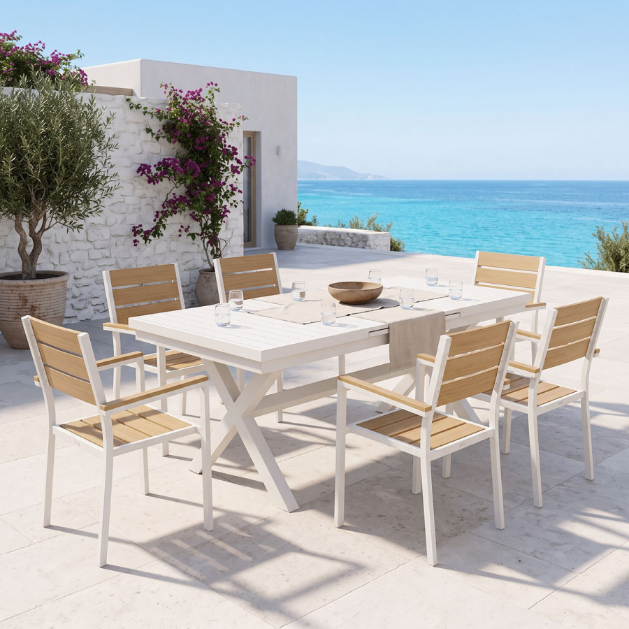 Set ngrënieje Dagyn Breze pakoworld set 7 copë alumin i bardhë me nuancë natyrale 180-240x90x76cm