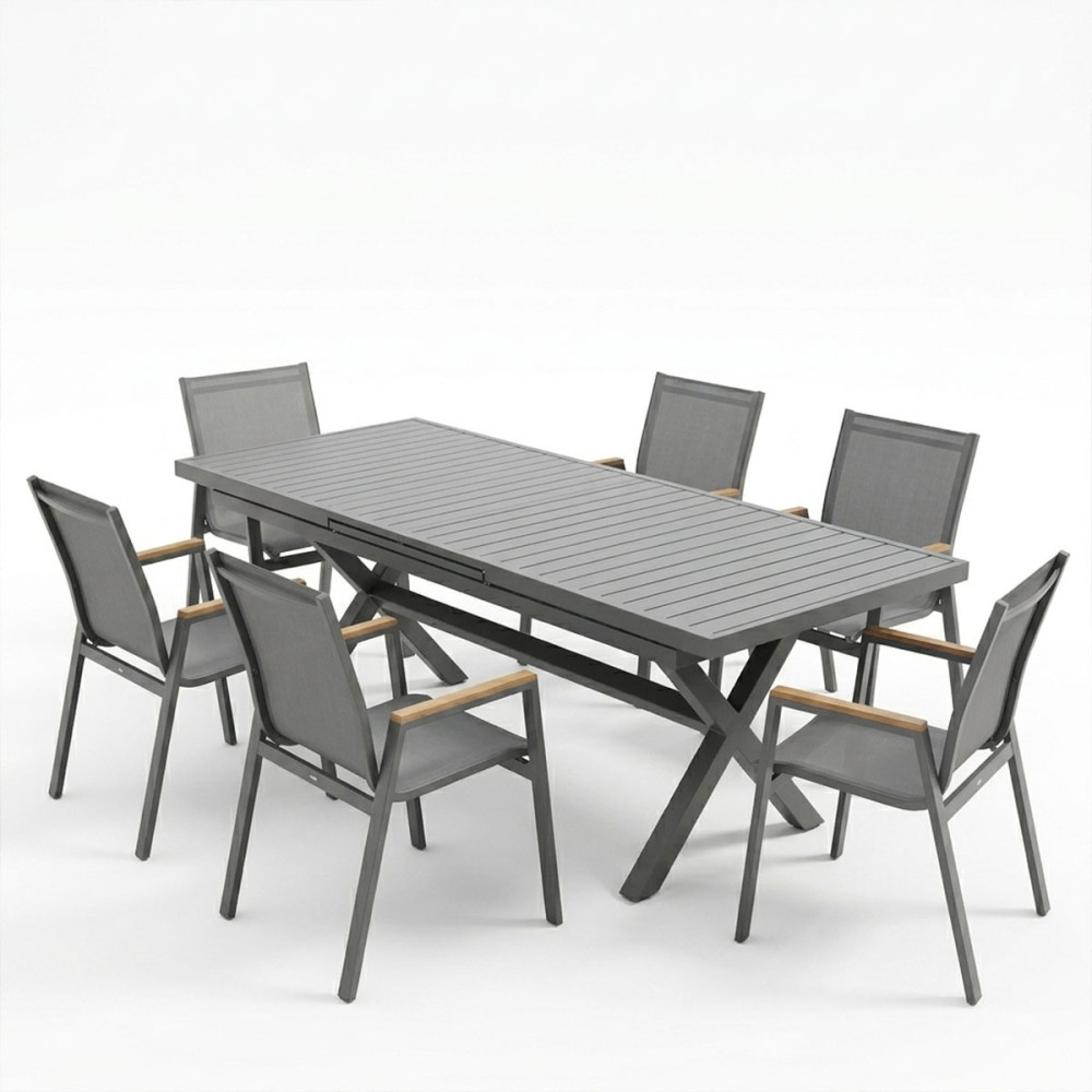 Set ngrënieje Dagyn Azelie pakoworld set 7 copë alumin antracit dhe tekstil me përfundim natyral 180-240x90x76cm