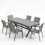 Set ngrënieje Dagyn Azelie pakoworld set 7 copë alumin antracit dhe tekstil me përfundim natyral 180-240x90x76cm