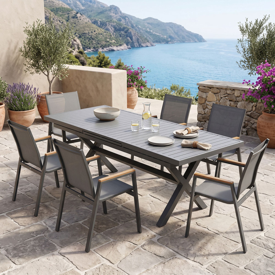 Set ngrënieje Dagyn Azelie pakoworld set 7 copë alumin antracit dhe tekstil me përfundim natyral 180-240x90x76cm