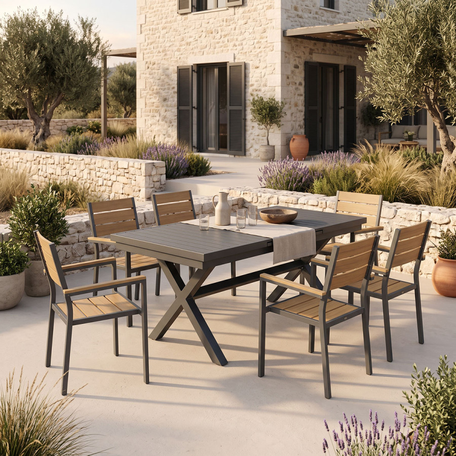 Set ngrënie Dagyn Breze pakoworld set 7 copë alumini antracit me nuancë natyrale 180-240x90x76cm