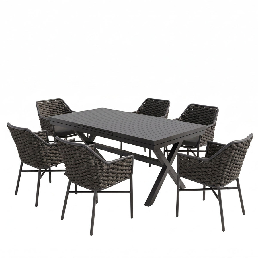 Set ngrënieje Dagyn Ortegia pakoworld set 7 copë alumin antracit dhe litar PE 180-240x90x76cm