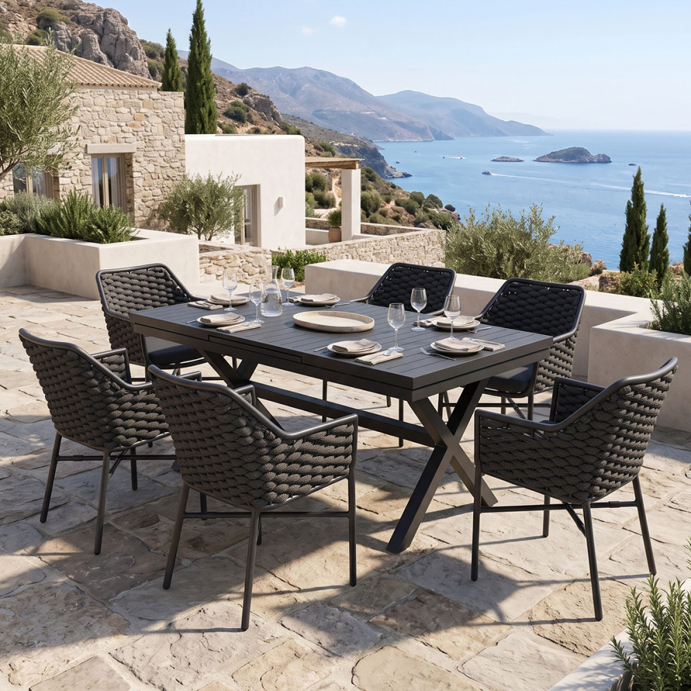 Set ngrënieje Dagyn Ortegia pakoworld set 7 copë alumin antracit dhe litar PE 180-240x90x76cm