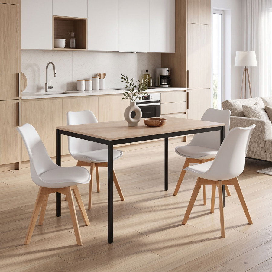 Set ngrënieje me karrige Gaston të bardha dhe tavolinë Faragio e zezë me nuancë natyrale 120x75x75cm set 5 copë
