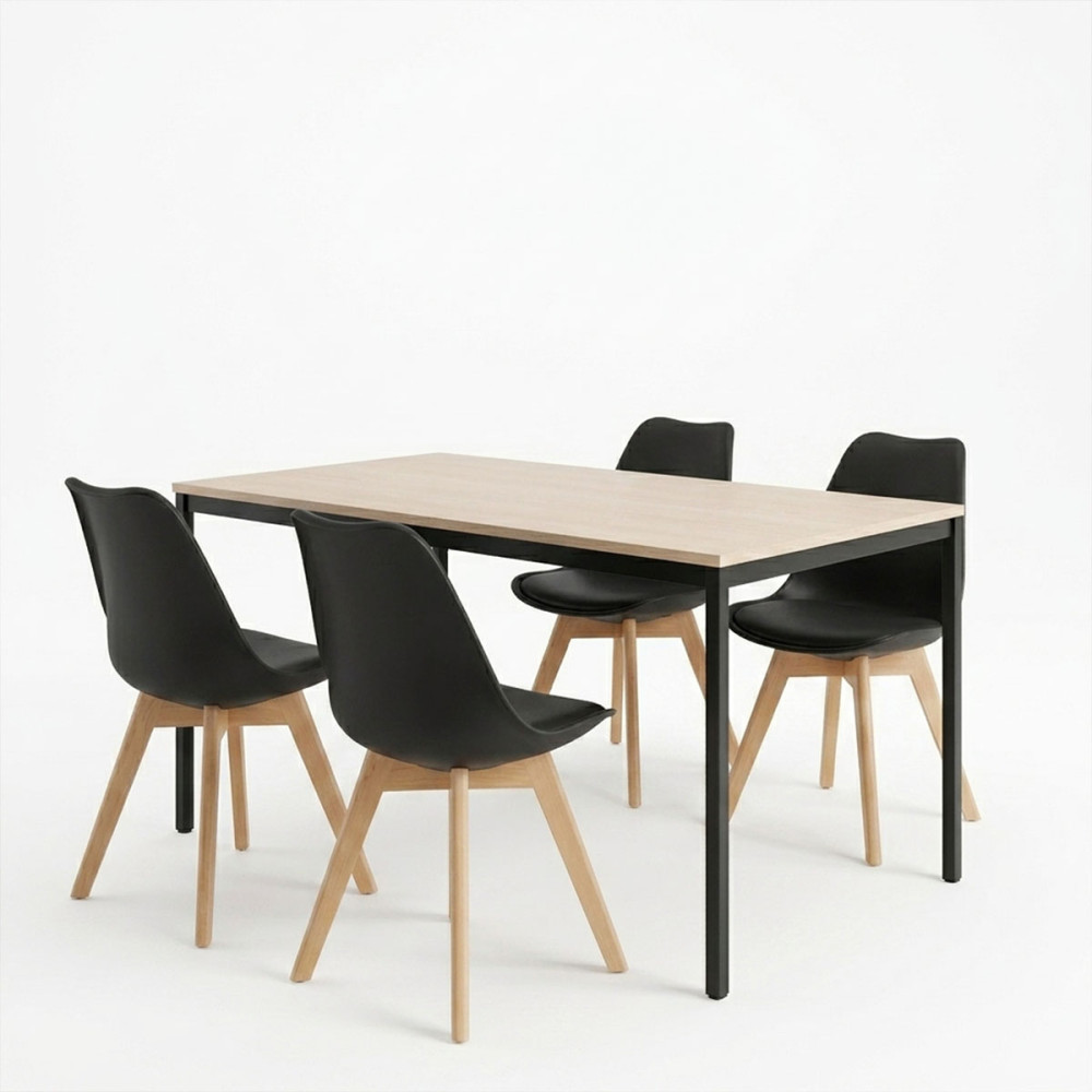 Set ngrënieje me karrige Gaston të zeza dhe tavolinë Faragio e zezë me nuancë natyrale 120x75x75cm set 5 copë