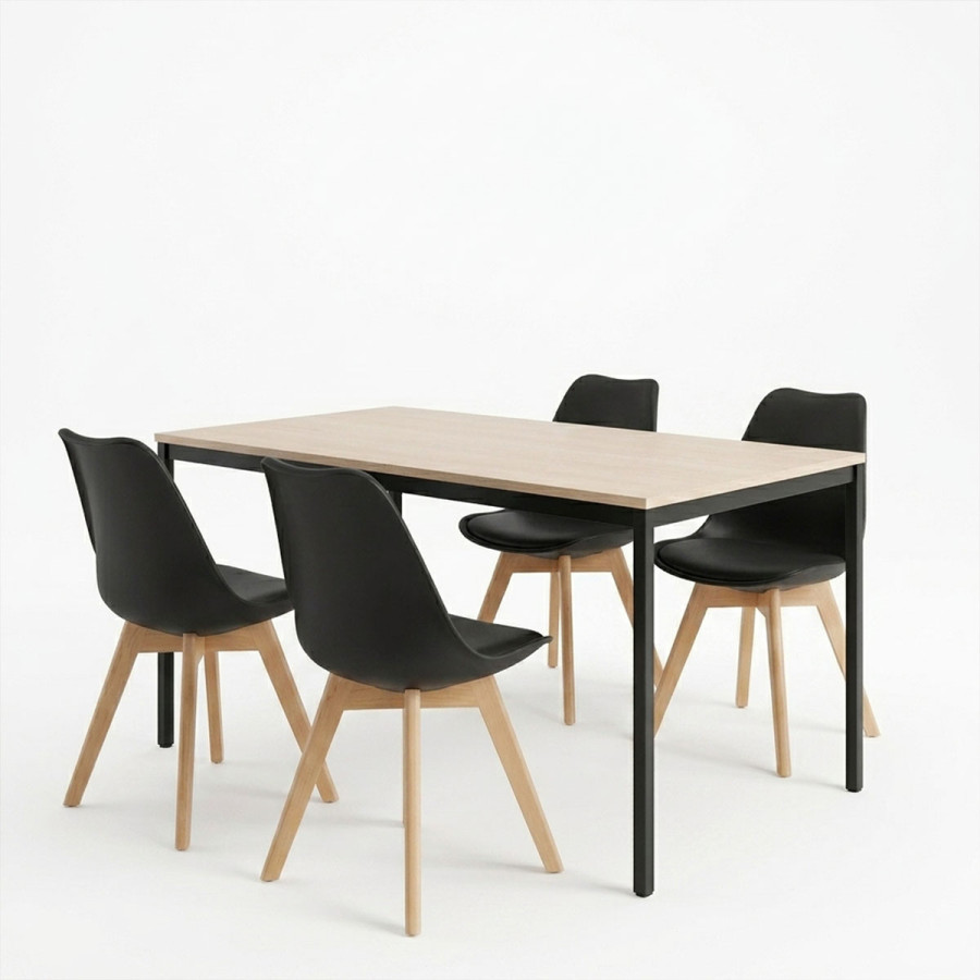 Set ngrënieje me karrige Gaston të zeza dhe tavolinë Faragio e zezë me nuancë natyrale 120x75x75cm set 5 copë
