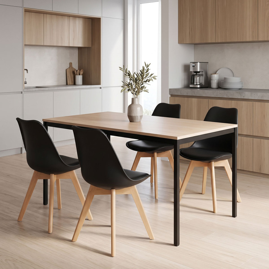 Set ngrënieje me karrige Gaston të zeza dhe tavolinë Faragio e zezë me nuancë natyrale 120x75x75cm set 5 copë