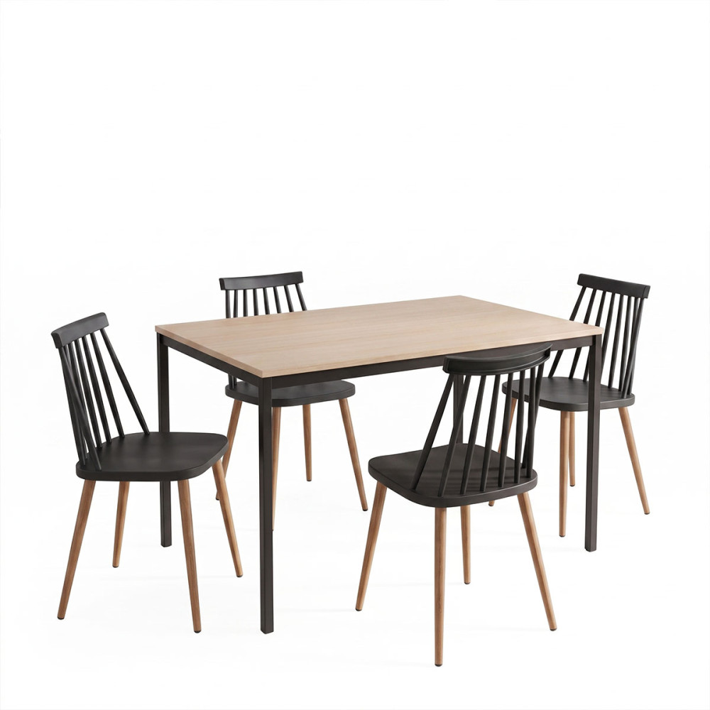 Set ngrënieje me karrige Aurora të zeza dhe tavolinë Faragio e zezë me nuancë natyrale 120x75x75cm Set 5 copë