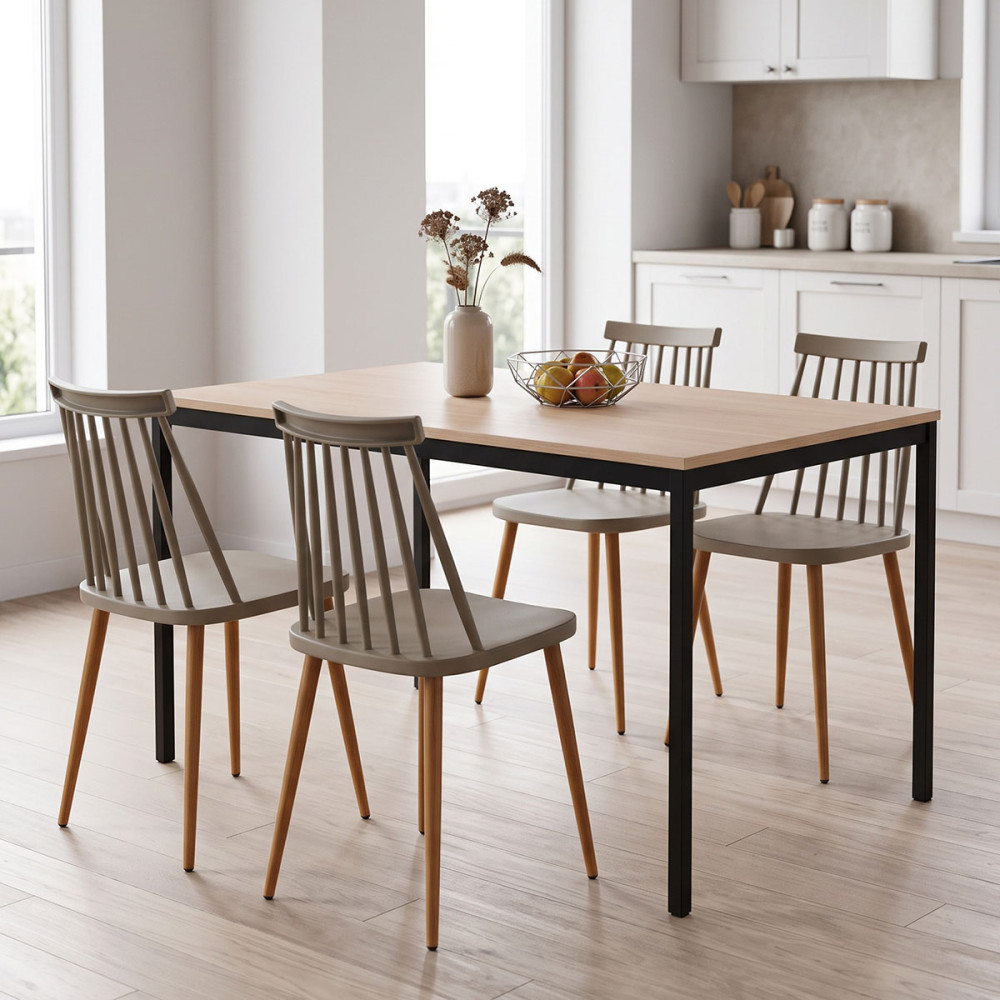 Set ngrënieje me karrige Aurora moka dhe tavolinë Faragio e zezë në nuancë natyrale 120x75x75cm Set 5 copë