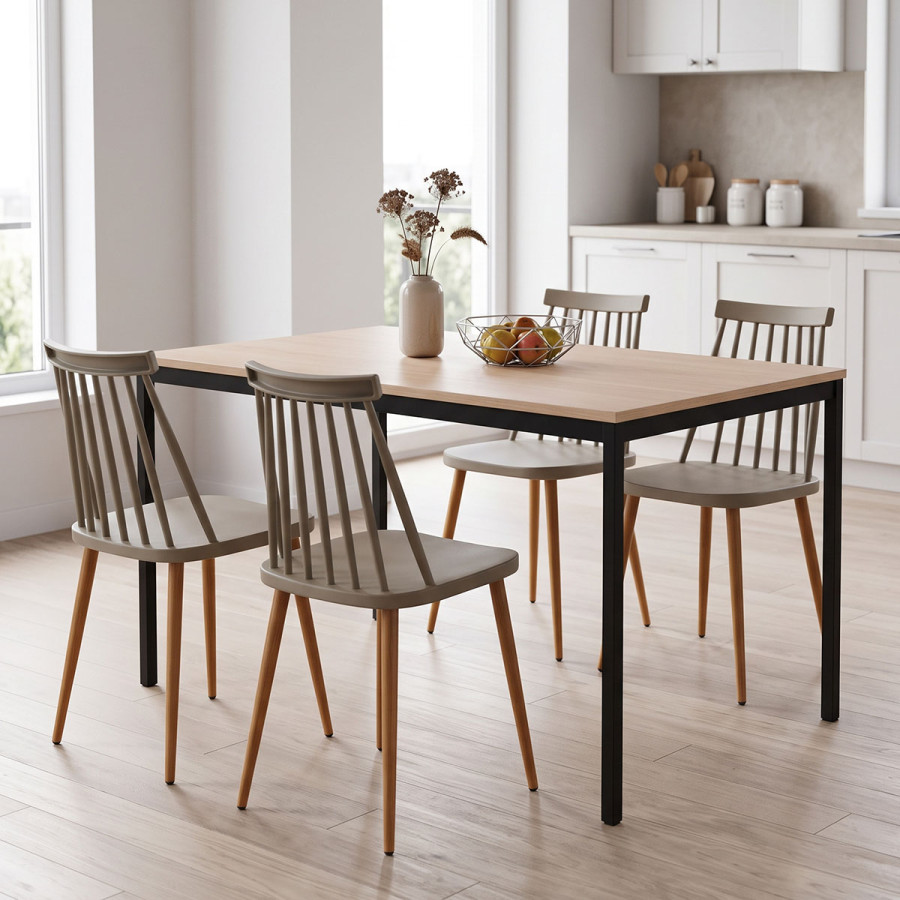 Set ngrënieje me karrige Aurora moka dhe tavolinë Faragio e zezë në nuancë natyrale 120x75x75cm Set 5 copë