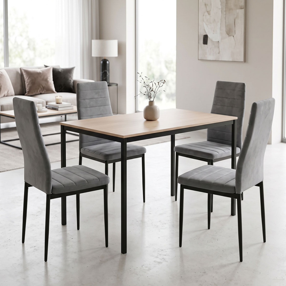Tavolinë ngrënieje me karrige Parker gri dhe tavolinë Faragio e zezë me nuancë natyrale 120x75x75cm Set 5 copë