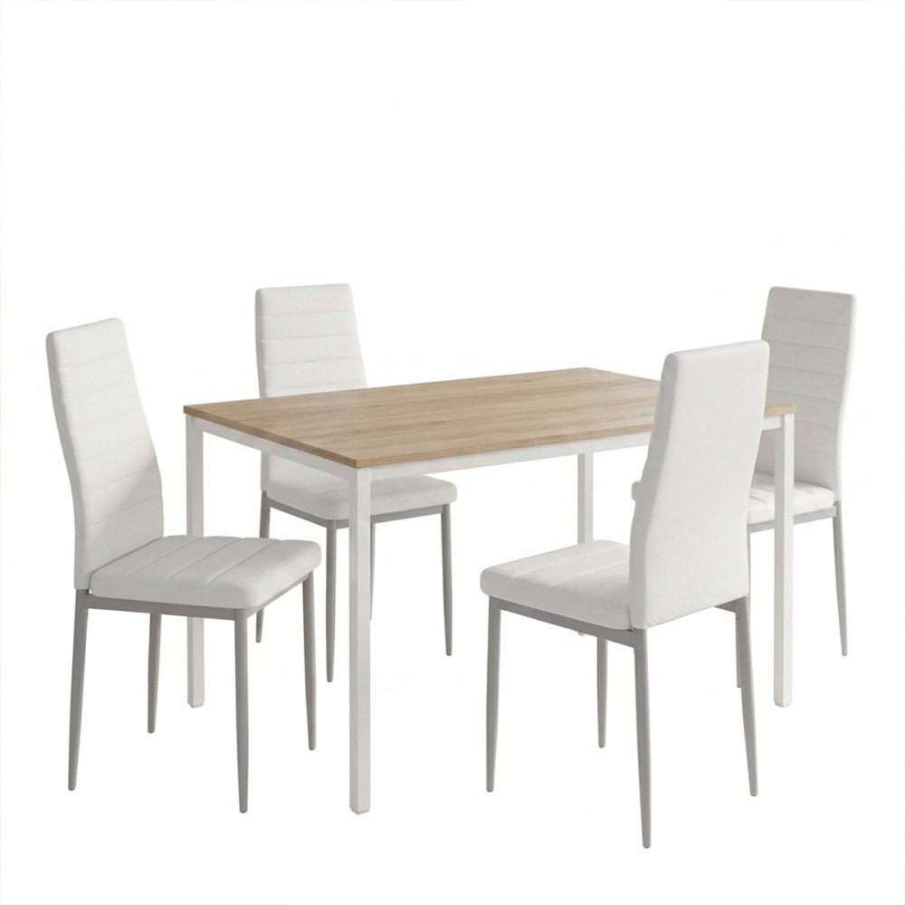 Tavolinë ngrënieje me karrige Parker të bardha dhe tavolinë Faragio e bardhë me nuancë natyrale 120x75x75cm Set 5 copë
