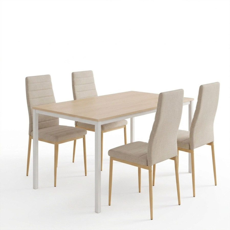 Tavolinë ngrënieje me karrige Parker bezhë dhe tavolinë Faragio e bardhë me nuancë natyrale 120x75x75cm Set 5 copë
