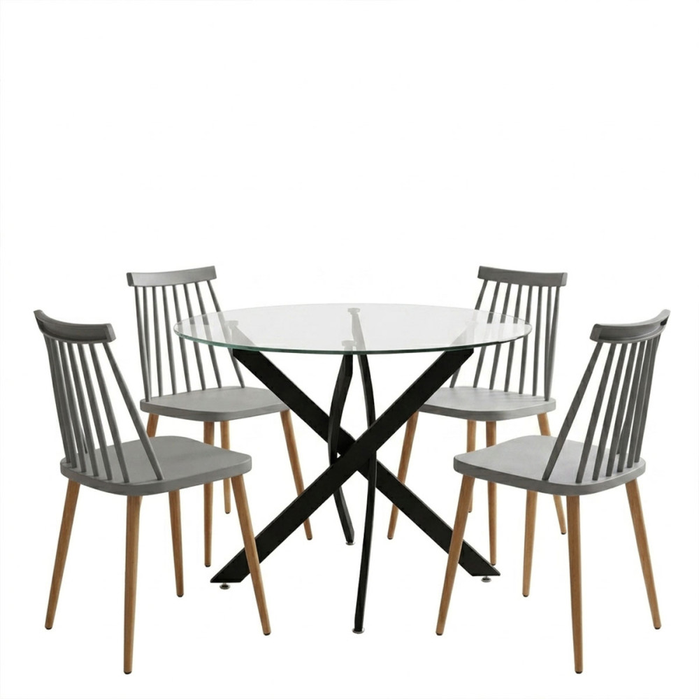 Dhomë ngrënieje me karrige Aurora gri dhe tavolinë Antoro xham me metal të zi Φ80x75cm set 5 copë